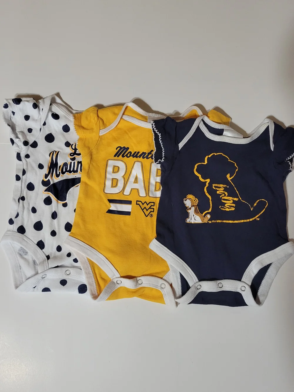 Title: WVU West Virginia Mountaineers Baby Bodysuit Lot 3 Pc 0-3M Russell Cotton